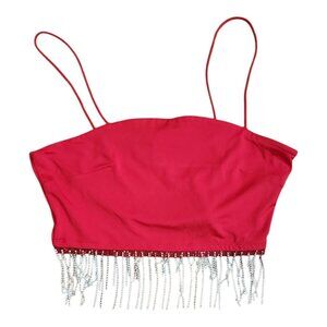 Charlotte‎ Russe Crop Top Womens Size M Medium Red Jeweled Fringe Showgirl Party